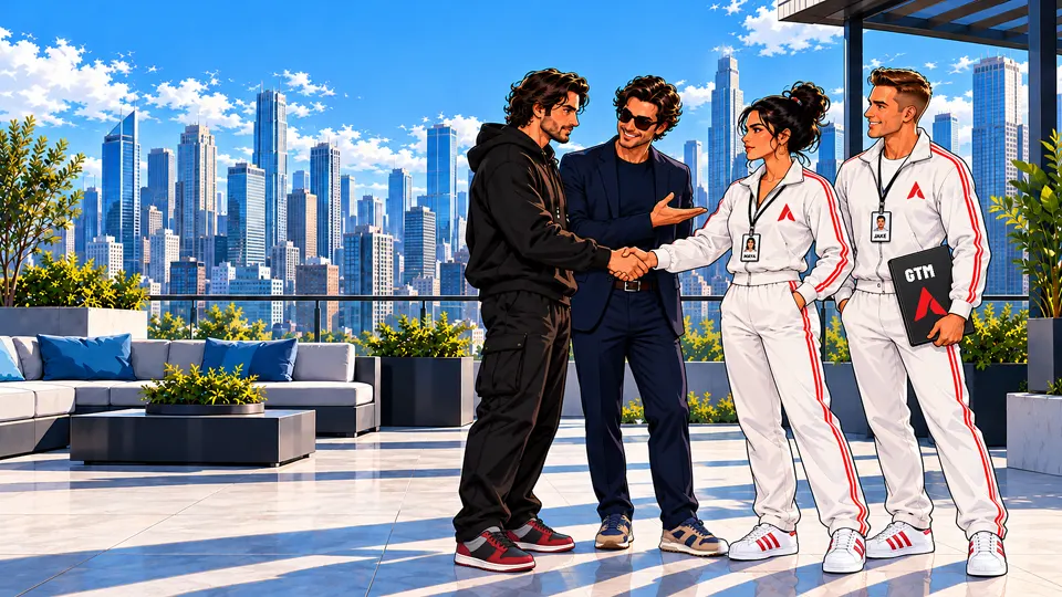 An Action Force member introduces a contact to the team on a city rooftop, and they shake hands.